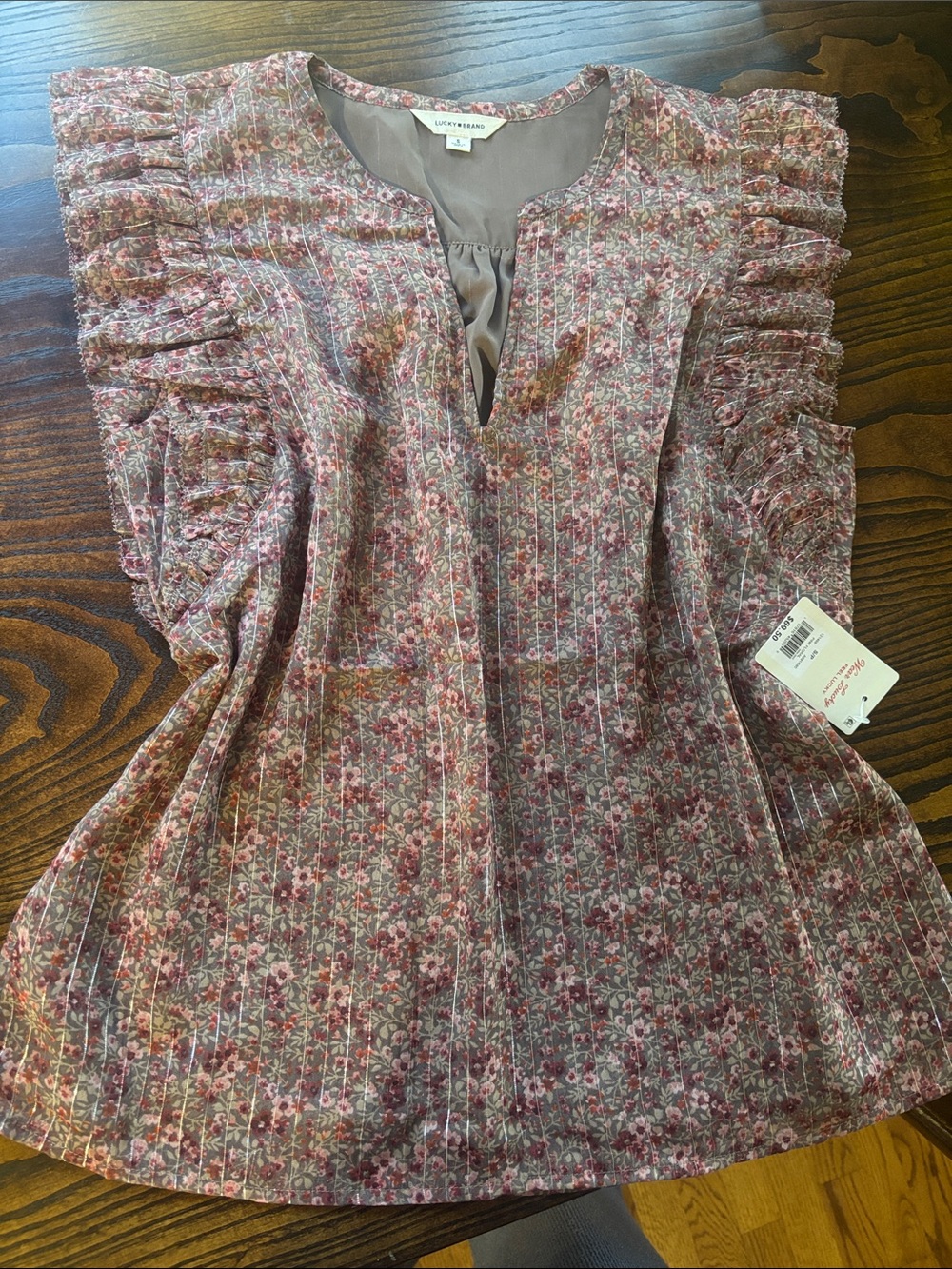 Lucky Brand Mauve Pink Floral Ruffle Sleeve Tunic Dress